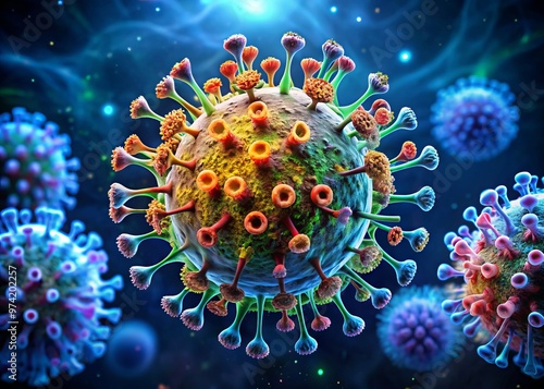 Illustration of a microscopic virus particle with intricate details, swirling tendrils, and a vibrant color scheme,