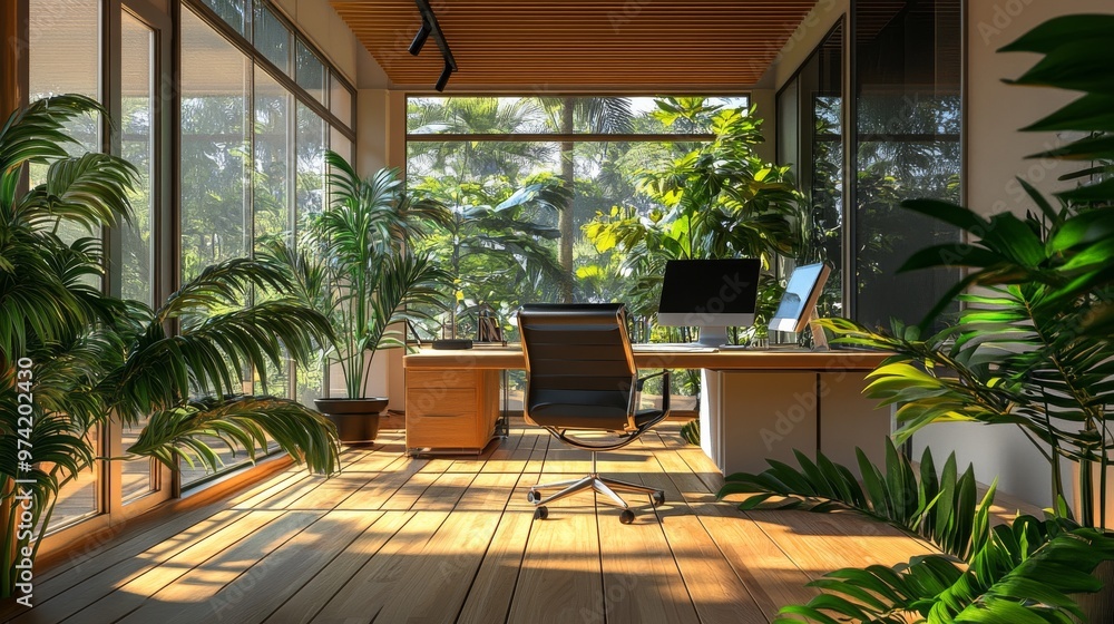 Fototapeta premium A green business office with natural lighting and plants,
