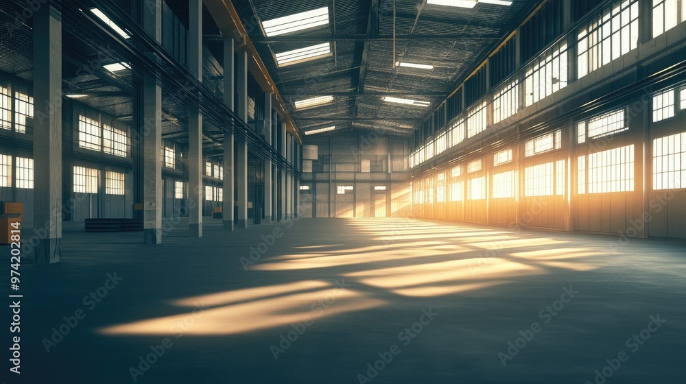 An empty warehouse with sunlight streaming through the windows. An empty warehouse with sunlight streaming through the windows.