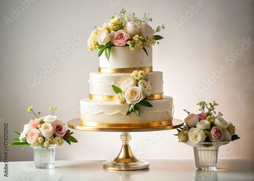 Elegant glass pedestal beautifully displays a decadent multi-tiered cake adorned with fresh flowers and golden accents against a soft, creamy white background. photo