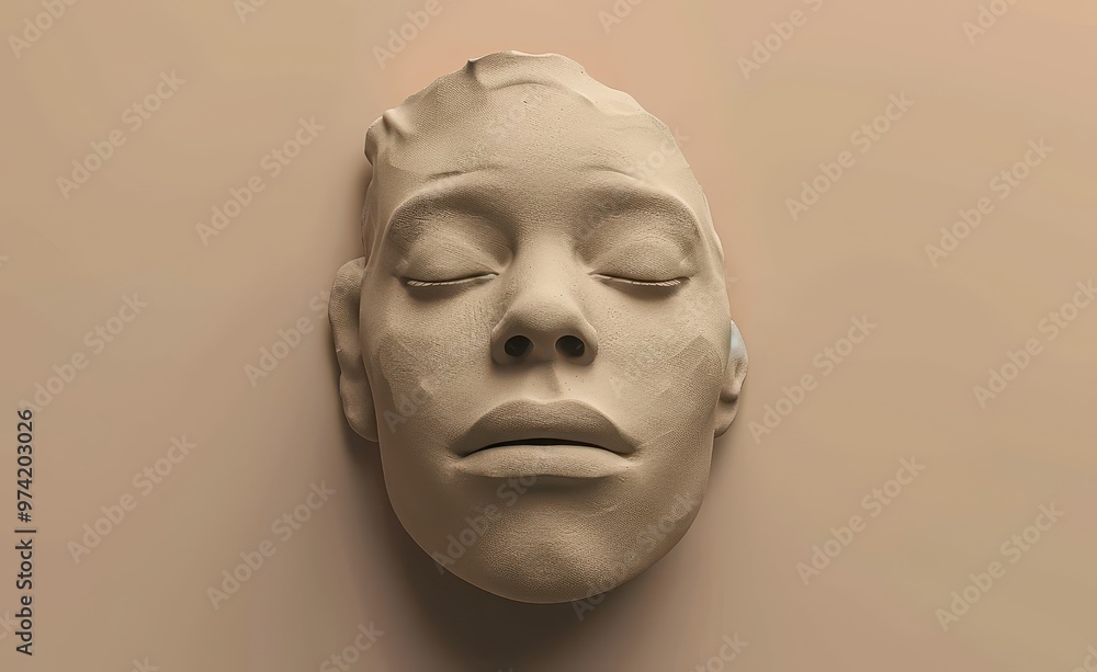 Serene Visage: A minimalist plaster cast captures the tranquility of a human face, eyes closed in peaceful repose. Serene Visage: A minimalist plaster cast captures the tranquility of a human face, eyes closed in peaceful repose.