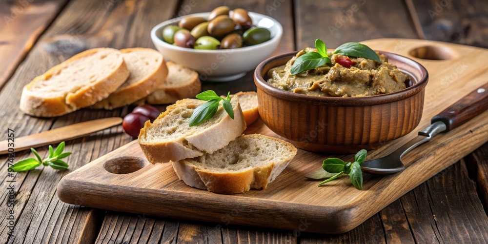 Olive pate served in a bowl with bread slices on a wooden cutting board, accompanied by a spreader