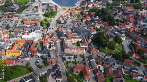 Aerial panorama view around the old town of the city Hobro on a sunny summer day in the Denmark photo