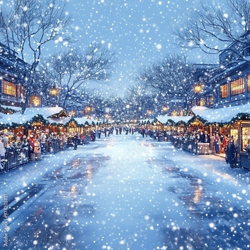 A picturesque winter scene with snow falling on a charming street filled with holiday market stalls and warm, glowing lights.