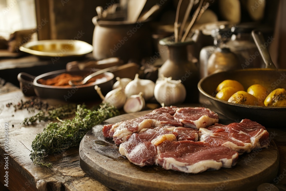 A rustic kitchen scene with fresh meat and spices. The warm light highlights the textures. Perfect for food lovers and culinary artists. Generative AI A rustic kitchen scene with fresh meat and spices. The warm light highlights the textures. Perfect for food lovers and culinary artists. Generative AI