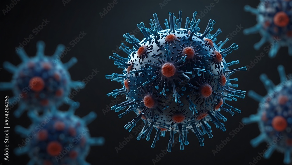 A digitally rendered image shows a few red-spiked coronaviruses with one centered in the foreground A digitally rendered image shows a few red-spiked coronaviruses with one centered in the foreground