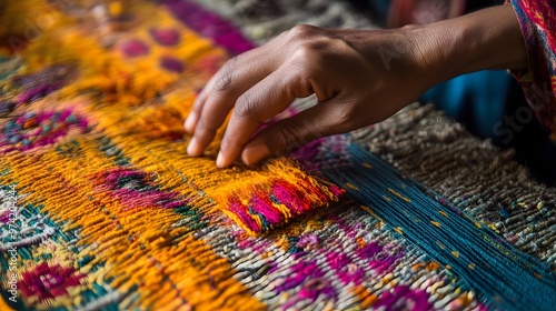 Nepalese Handicrafts: A close-up of a Nepalese artisan’s hands weaving a traditional rug, with intricate patterns and bright colors highlighting the craftsmanship. 