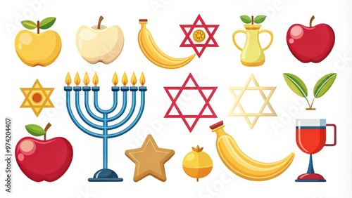 Flat icons for Jewish holidays and Rosh Hashanah featuring symbols like shofar, apples with honey, pomegranates, menorah, and Star of David photo