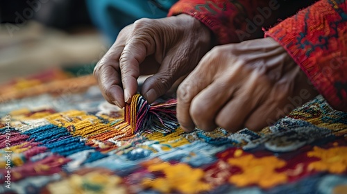 Nepalese Handicrafts: A close-up of a Nepalese artisan’s hands weaving a traditional rug, with intricate patterns and bright colors highlighting the craftsmanship. 
