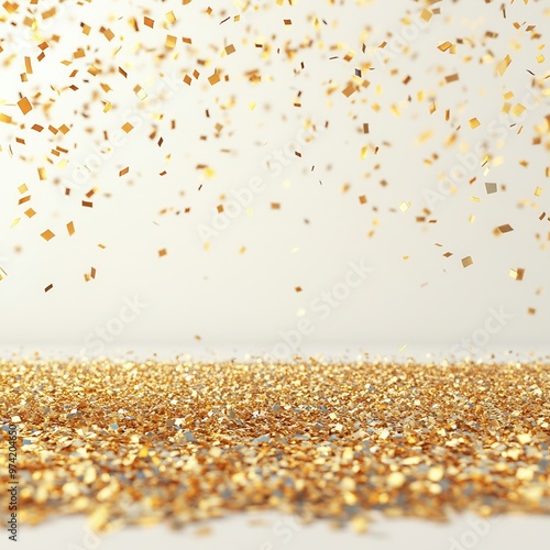 A vibrant display of glittering gold confetti falling gently, creating a festive and celebratory atmosphere.