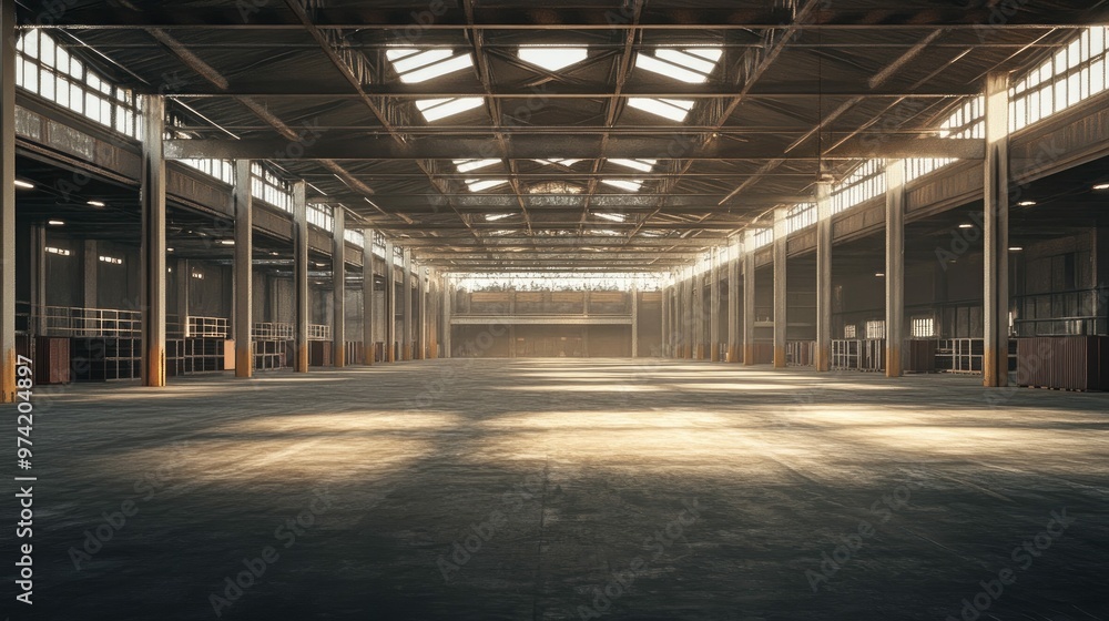 Empty warehouse interior with concrete floor and large windows. Empty warehouse interior with concrete floor and large windows.