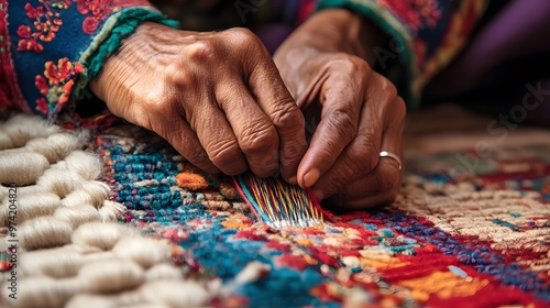 Nepalese Handicrafts: A close-up of a Nepalese artisan’s hands weaving a traditional rug, with intricate patterns and bright colors highlighting the craftsmanship. 
