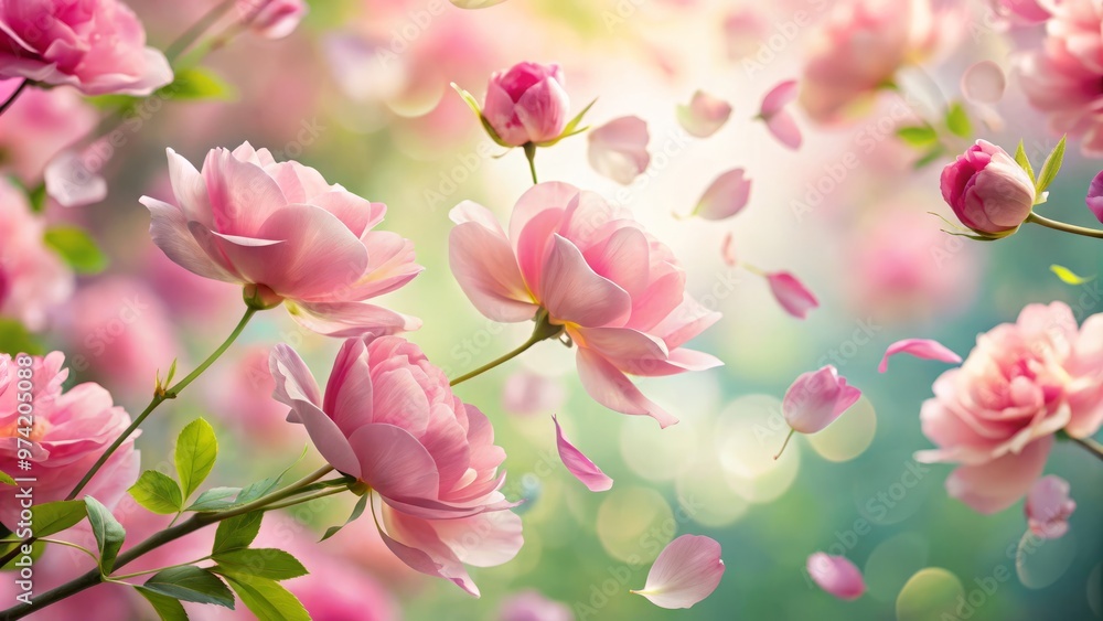 Delicate pink petals unfurl slowly, dancing on the gentle breeze, forming a mesmerizing tapestry of color and light, Delicate pink petals unfurl slowly, dancing on the gentle breeze, forming a mesmerizing tapestry of color and light,