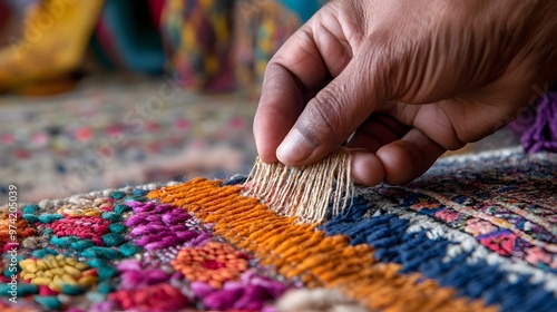 Nepalese Handicrafts: A close-up of a Nepalese artisan’s hands weaving a traditional rug, with intricate patterns and bright colors highlighting the craftsmanship. 
