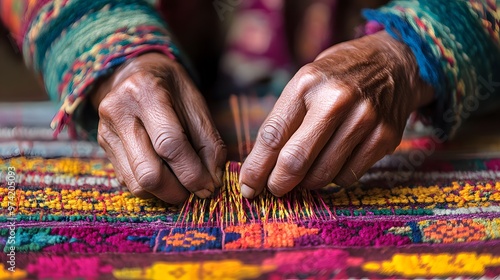 Nepalese Handicrafts: A close-up of a Nepalese artisan’s hands weaving a traditional rug, with intricate patterns and bright colors highlighting the craftsmanship. 
