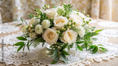 Delicate white floral arrangement adorned with lush greenery sits elegantly on a vintage lace tablecloth, exuding