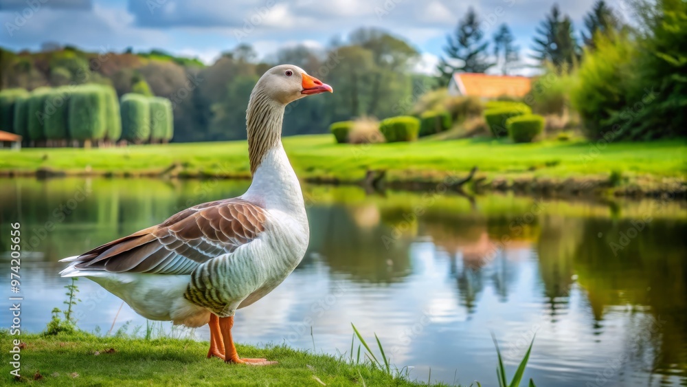 Domestic goose standing in a grassy field with a pond in the background Domestic goose standing in a grassy field with a pond in the background