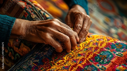 Nepalese Handicrafts: A close-up of a Nepalese artisan’s hands weaving a traditional rug, with intricate patterns and bright colors highlighting the craftsmanship. 