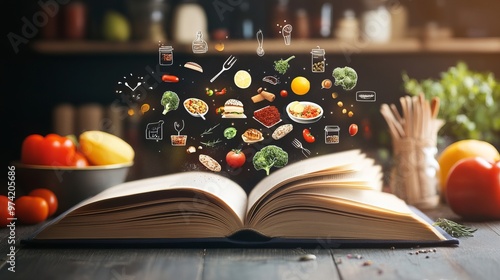 An open recipe book with food-related icons floating above.