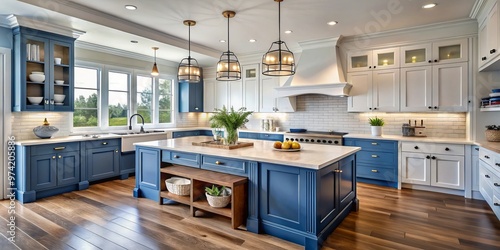 Elegant blue and white cabinetry with classic hardware adorns this Coastal-style kitchen, exuding calm sophistication photo