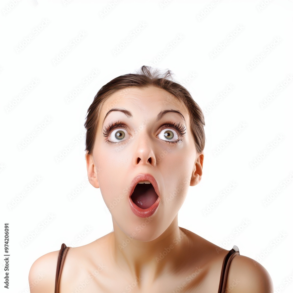 Wide-Eyed Wonder: A captivating portrait of a young woman with an expression of pure astonishment, her mouth agape and eyes wide with surprise. The image captures the essence of shock and disbelief Wide-Eyed Wonder: A captivating portrait of a young woman with an expression of pure astonishment, her mouth agape and eyes wide with surprise. The image captures the essence of shock and disbelief