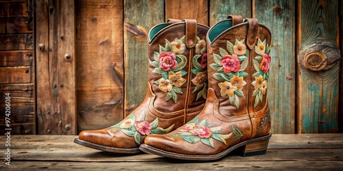 Elegant cowboy boots boast intricate floral embroidery on supple leather, set against a rugged backdrop that contrasts photo