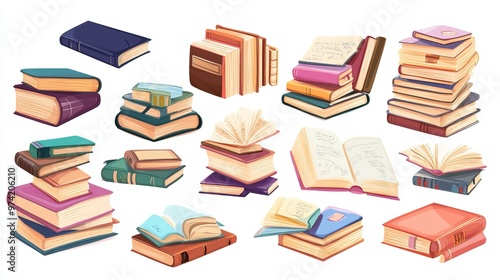 A collection of various books, both open and closed, arranged in piles and individually. These books are ready for educational use and presented in a playful cartoon style. 