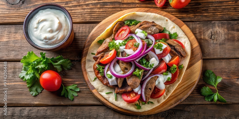 Shawarma gyros on pita bread with vegetables and tzatziki sauce, top view of traditional Turkish Greek meat dish Shawarma gyros on pita bread with vegetables and tzatziki sauce, top view of traditional Turkish Greek meat dish