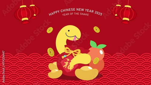 Cute chinese new year snake with luck money bag. Happy chinese new year 2025 of the snake greeting card animation horizontal video.