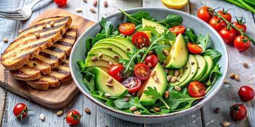 Fresh and colorful salad bowl with avocado, arugula, cherry tomatoes, sunflower seeds, grilled bread slices, and fresh herbs on a black wooden backdrop