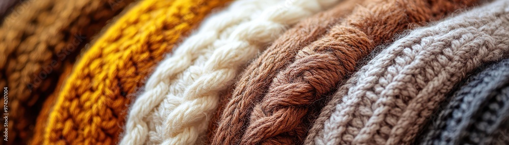Fototapeta premium Sweater knits close-up, featuring thick wool textures in soft autumnal colors, showcasing cozy details.