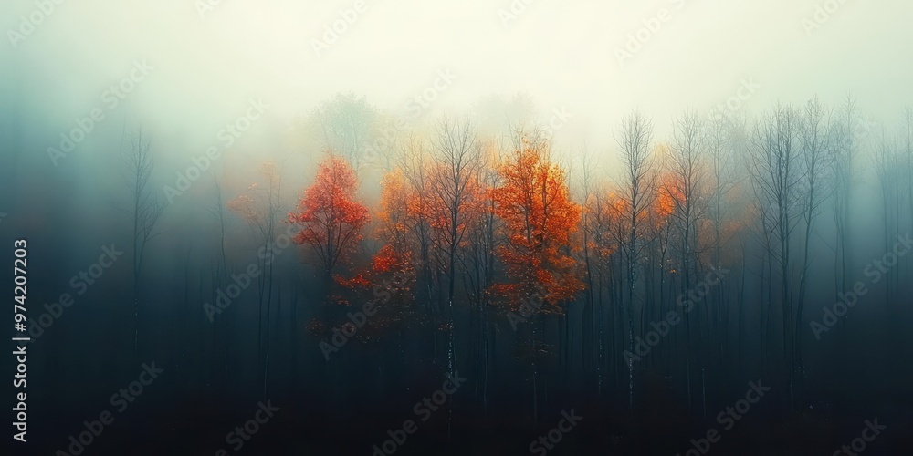 Dense October fog rolling over a misty autumn forest, the trees fading into soft mystery, October Fog, eerie calm. Dense October fog rolling over a misty autumn forest, the trees fading into soft mystery, October Fog, eerie calm.