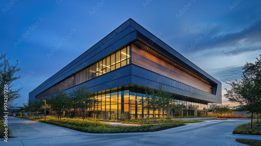 Modern office building with large windows and wood accents at dusk. Modern office building with large windows and wood accents at dusk.