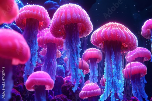 Glowing pink jellyfish like creatures in a vibrant, neon underwater scene photo