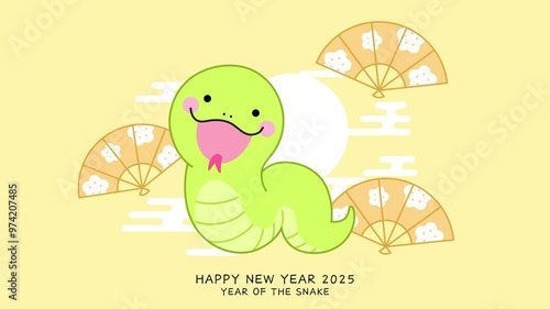 Cute lunar new year of the snake 2025 cartoon snake animation. Chinese new year 2025 greeting card design horizontal video.