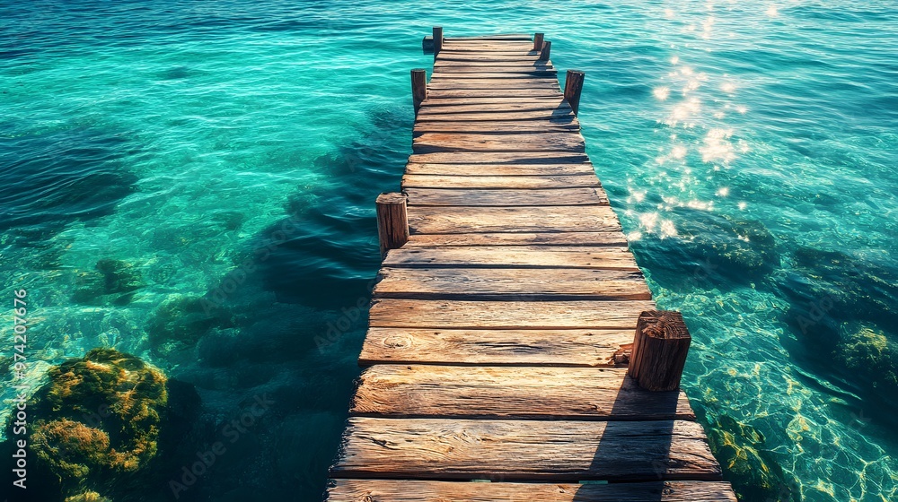 Fototapeta premium View of a rustic wooden pier extending into clear, emerald blue sea waters, with bright sunlight and gentle waves, realistic style with intricate details of wood and water, peaceful and calming mood