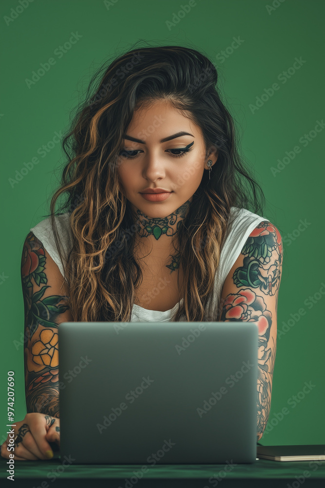 A young woman with tattoos, working on a laptop, looking focused on the screen. Her dark wavy hair and stylish appearance create a modern look A young woman with tattoos, working on a laptop, looking focused on the screen. Her dark wavy hair and stylish appearance create a modern look