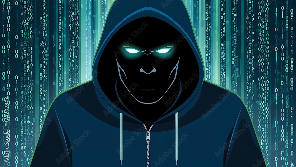 Digital illustration of a hooded figure with glowing eyes, surrounded by cascading binary code in blue and green, evoking a mysterious cyberpunk atmosphere. Digital illustration of a hooded figure with glowing eyes, surrounded by cascading binary code in blue and green, evoking a mysterious cyberpunk atmosphere.