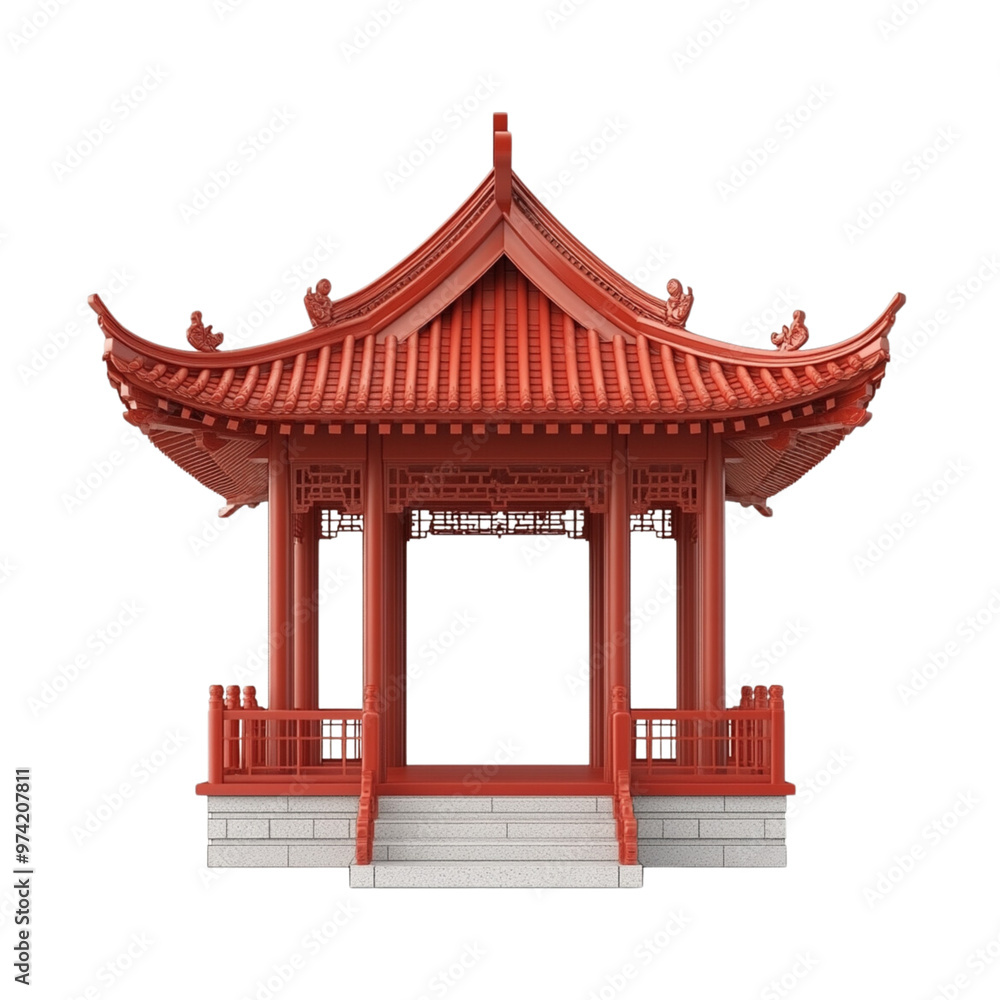 Fototapeta premium ancient chinese red architecture Pavilion gate structure isolated on white background.