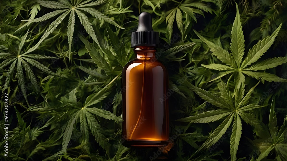 Dark amber-colored, 50ml dropper bottle , blending into the surrounding arrangement of lush, vibrant green cannabis leaves Dark amber-colored, 50ml dropper bottle , blending into the surrounding arrangement of lush, vibrant green cannabis leaves