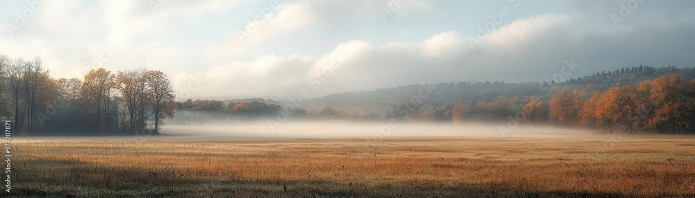 Cloudy horizons over an autumn field, soft light diffusing through layers of mist, Cloudy Horizons, quiet landscape Cloudy horizons over an autumn field, soft light diffusing through layers of mist, Cloudy Horizons, quiet landscape