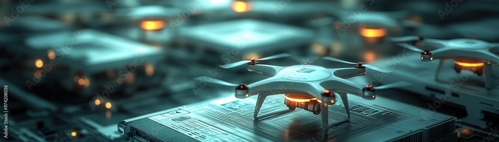 Futuristic drone technology hovering over computer circuits, showcasing advanced innovation in robotics and digital systems. Futuristic drone technology hovering over computer circuits, showcasing advanced innovation in robotics and digital systems.