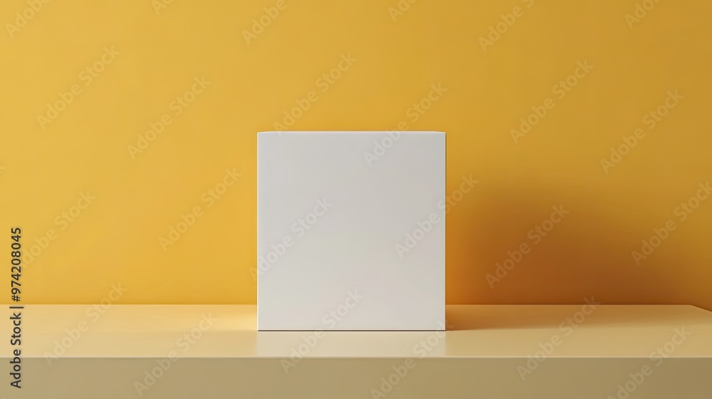 Naklejka premium White box mockup on a yellow background, perfect for branding and product display.
