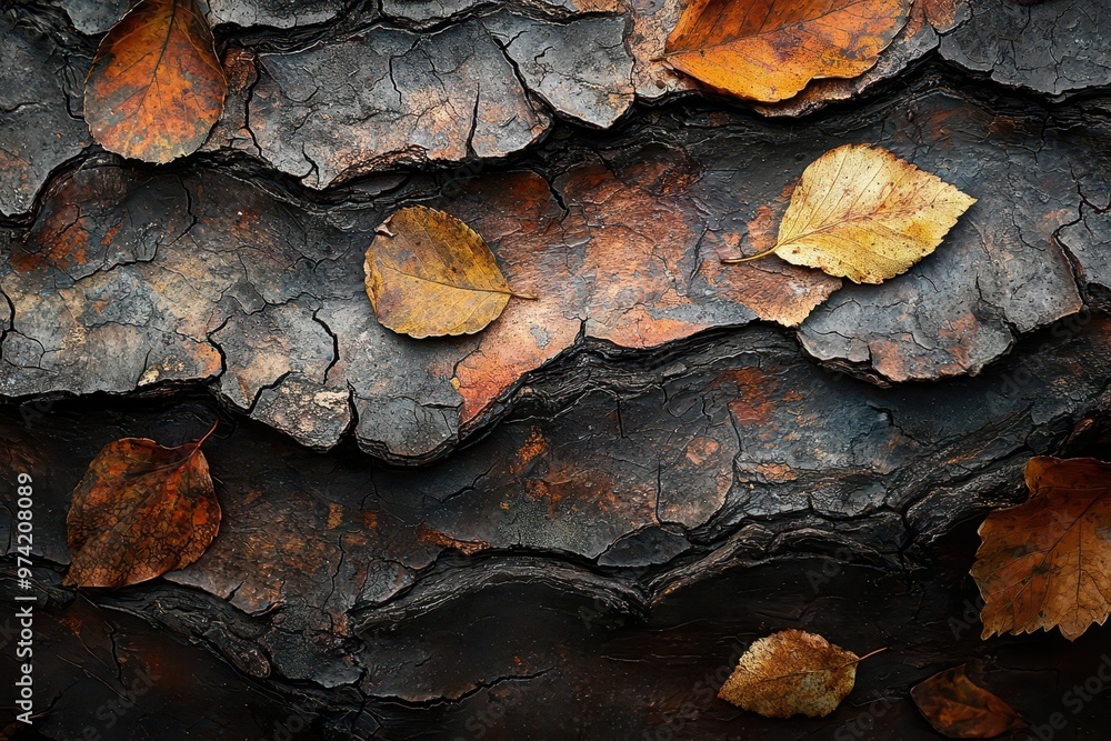 Close-up of autumn textures, bark, leaves, and earthy elements blending harmoniously, Autumn Textures, natureโ€s beauty. Close-up of autumn textures, bark, leaves, and earthy elements blending harmoniously, Autumn Textures, natureโ€s beauty.