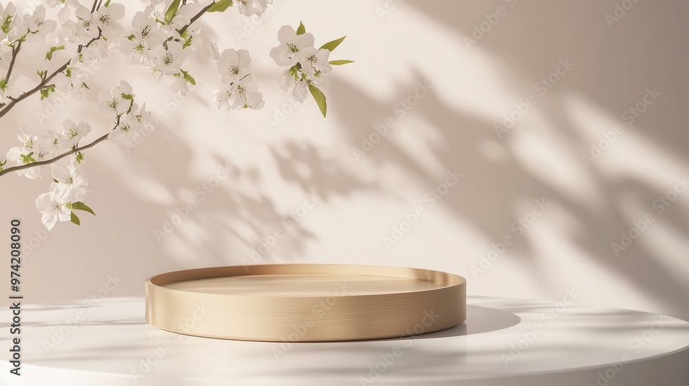 Wooden aesthetic simple podium tray with leaves decoration white pastel tone wall Wooden aesthetic simple podium tray with leaves decoration white pastel tone wall