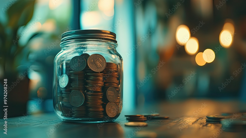 A glass jar filled with coins sits on a wooden table with a few coins scattered around it. The background is blurred and shows a cafe-like setting. A glass jar filled with coins sits on a wooden table with a few coins scattered around it. The background is blurred and shows a cafe-like setting.