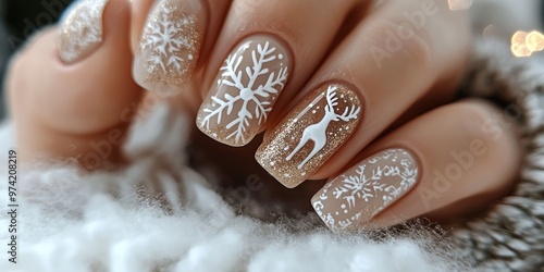 Close-up of fingernails with winter-themed nail art