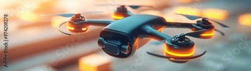 High-tech drone with glowing rotors, designed for aerial photography and exploration, showcasing innovation in flying technology.