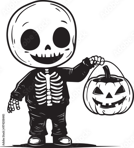 Little kid wearing Skeleton suit costume holding jack o lantern vector linear black