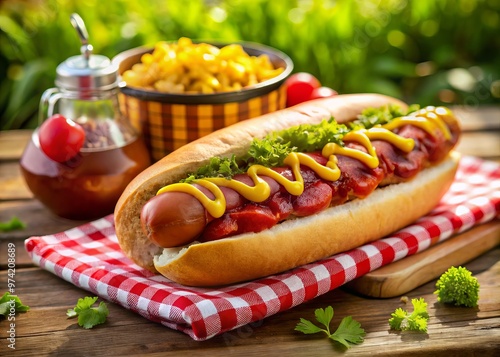 Juicy grilled hot dog, topped with ketchup, mustard, and relish, nestled in a toasted bun, against a warm photo